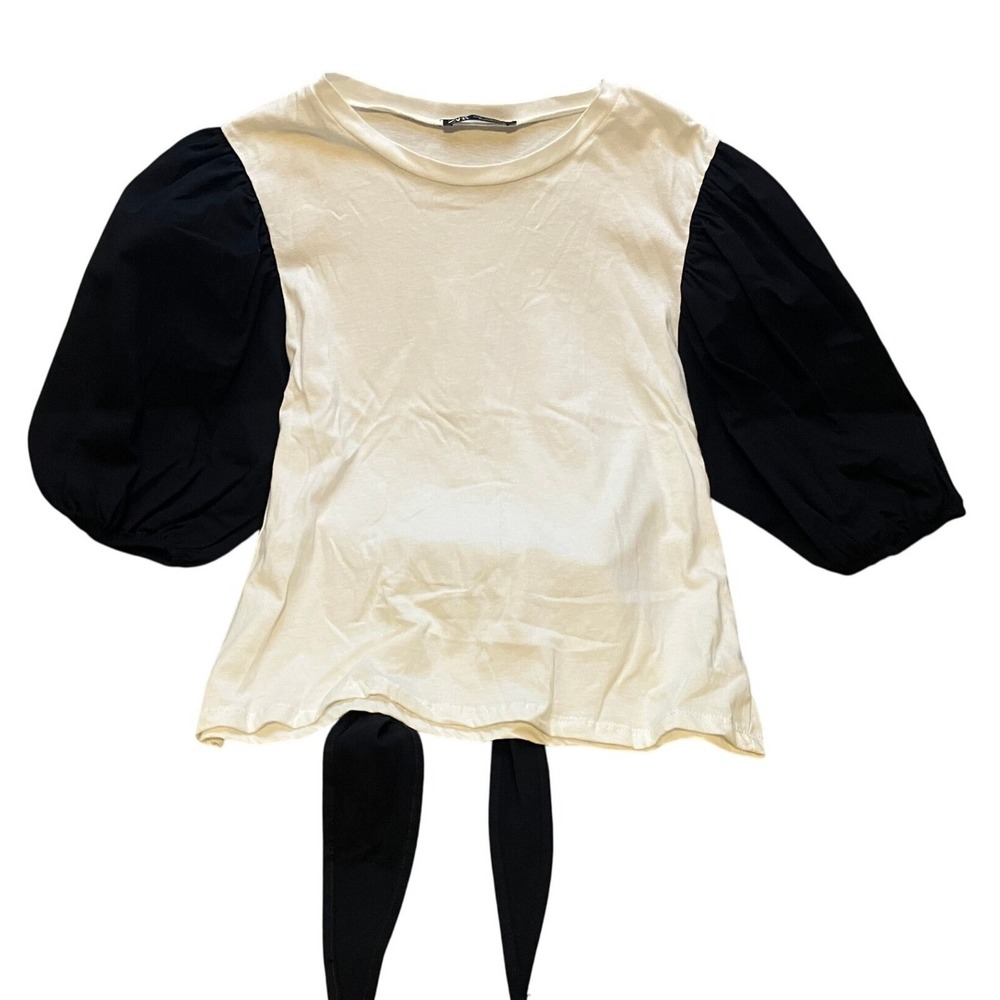 Zara Shirt Womens Medium Color Block Tie Back Balloon Sleeve Bow‎ Academia